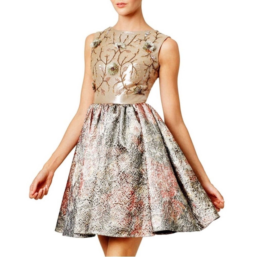 Marchesa Notte Embellished Metallic Brocade Dress